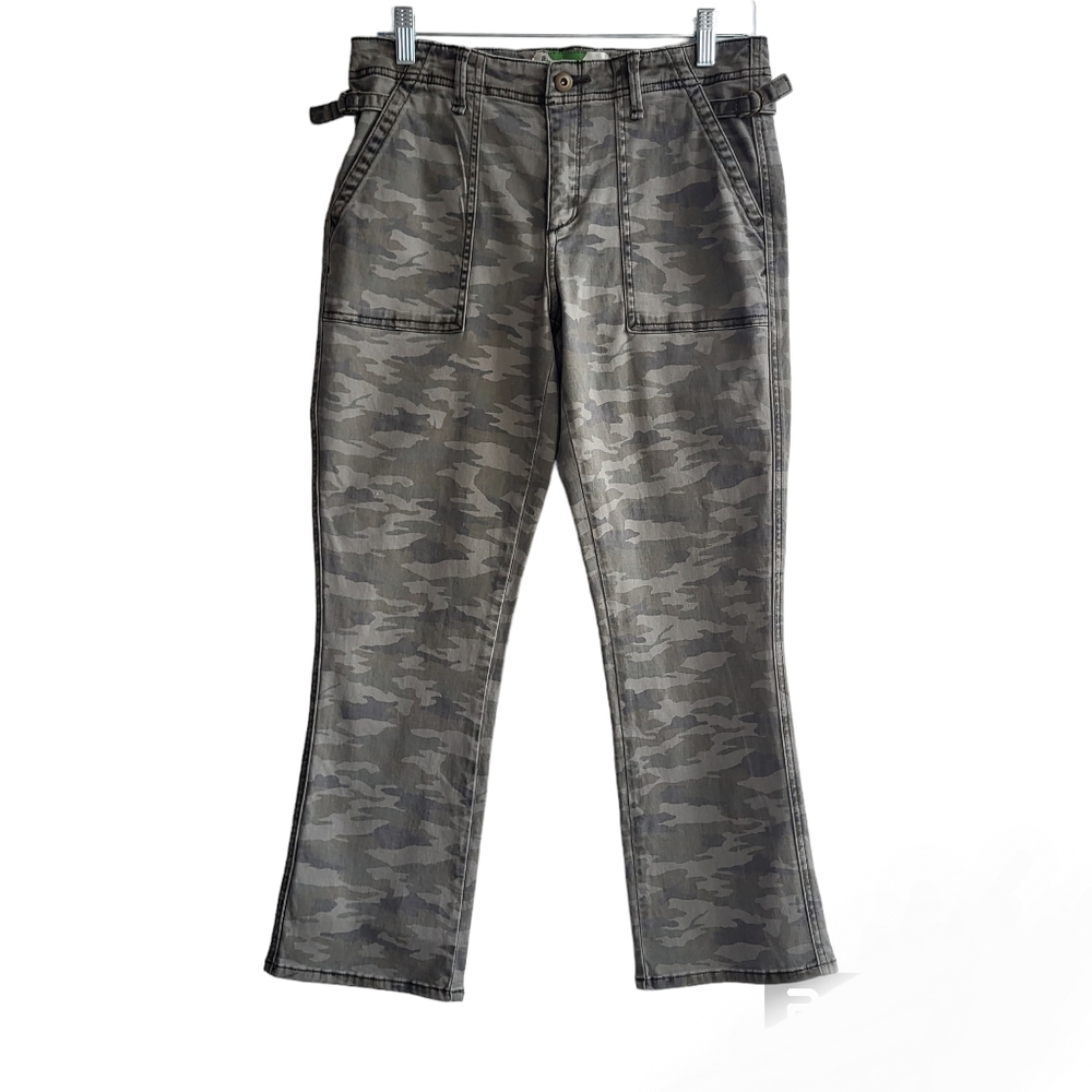 Anthologies Women High Rise stretch cropped flare Utility Pants Green Camo 28